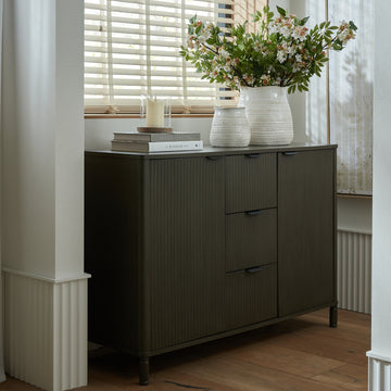 Reed wood 3 drawer, 2 door sideboard cabinet