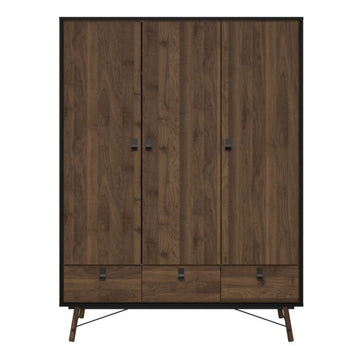 Ry 3 Door 3 Drawer Wardrobe in Matt Black & Walnut