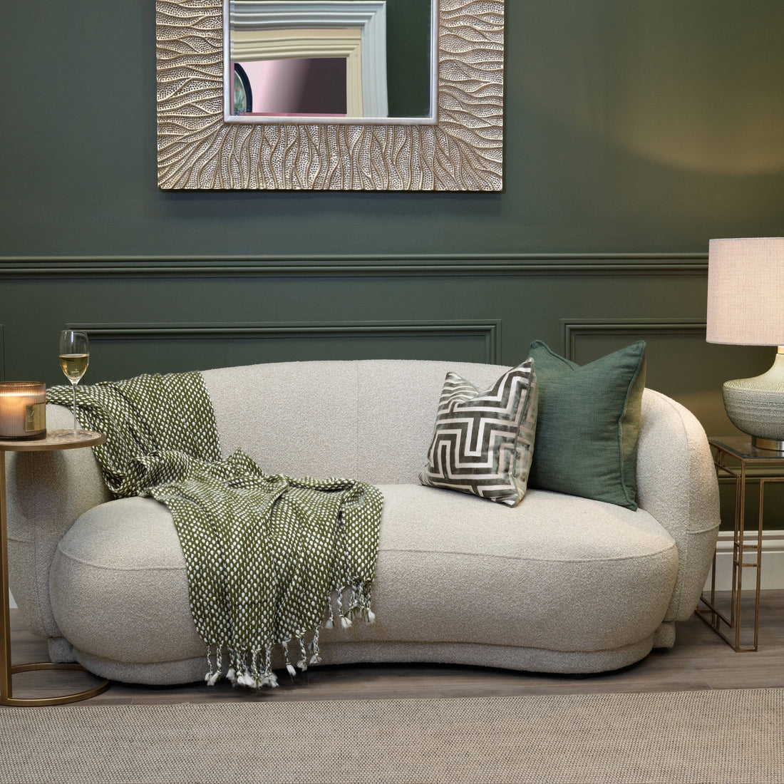 Boucle Curved Sofa – Amoni Cream Upholstered 3 Seater
