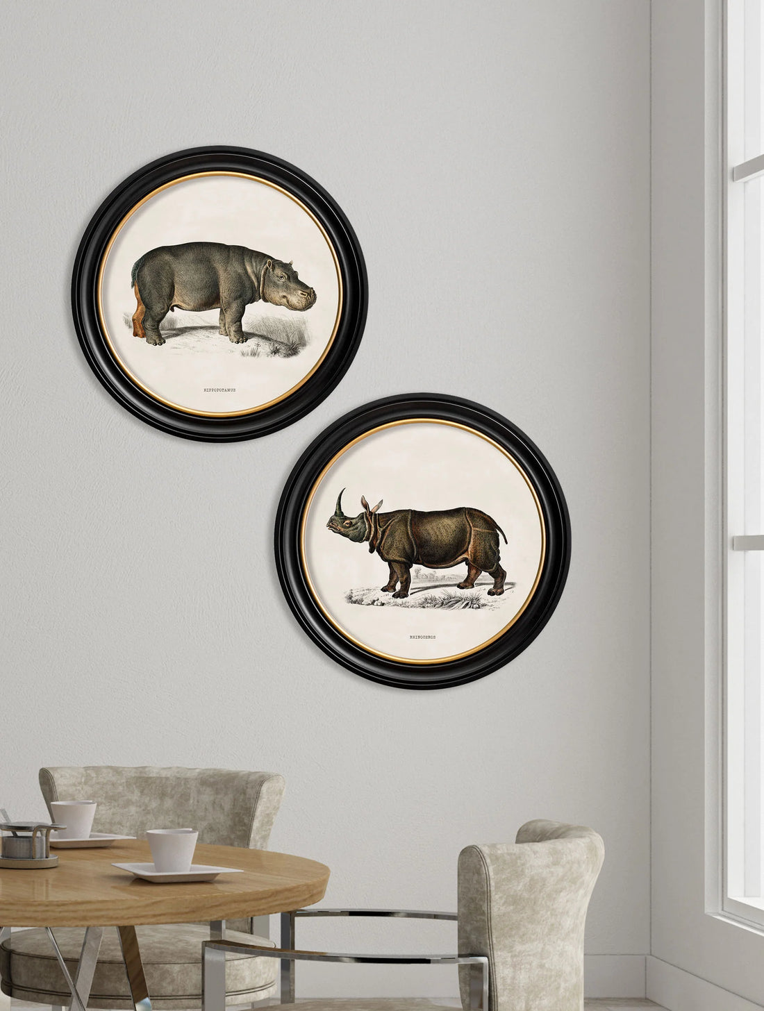 Rhino & Hippo Round Framed Wall Art