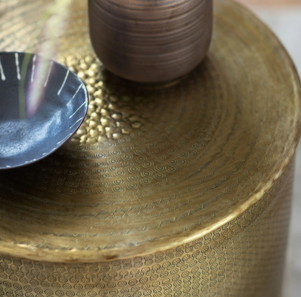 Ashta Embossed Metal Side Table – Antique Brass