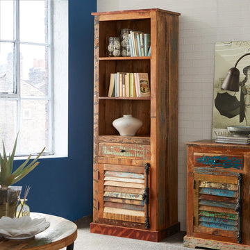 Coastal Narrow Bookcase – Solid Wood Slim Storage Shelf
