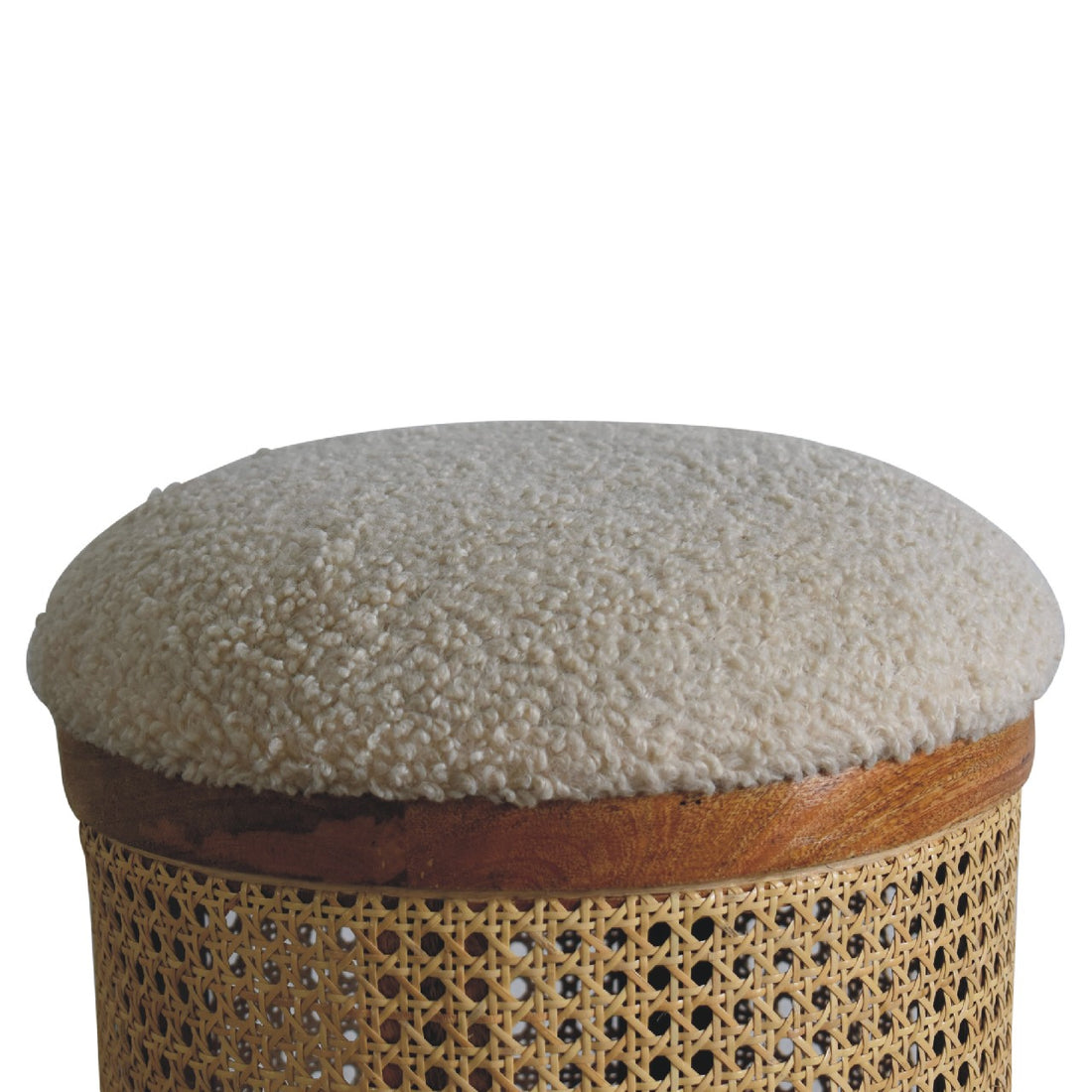 Cream Bouclé Larissa Footstool – Mango Wood & Rattan Contemporary Footstool