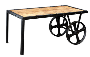 Cosmo Industrial Cart Coffee Table – Wood & Metal Wheeled Centre Table
