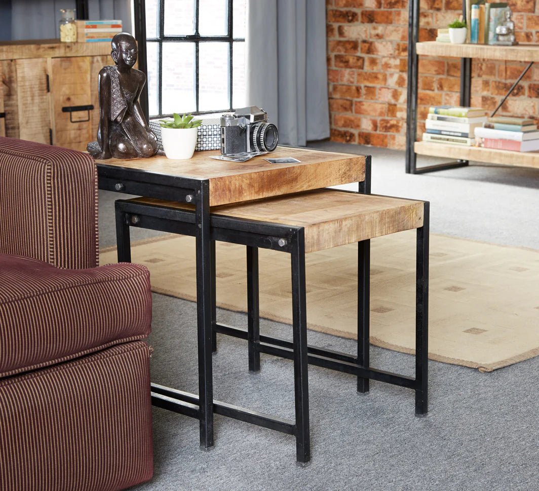 Cosmo Industrial Nest of 2 Tables – Wood & Metal Nesting Side Tables