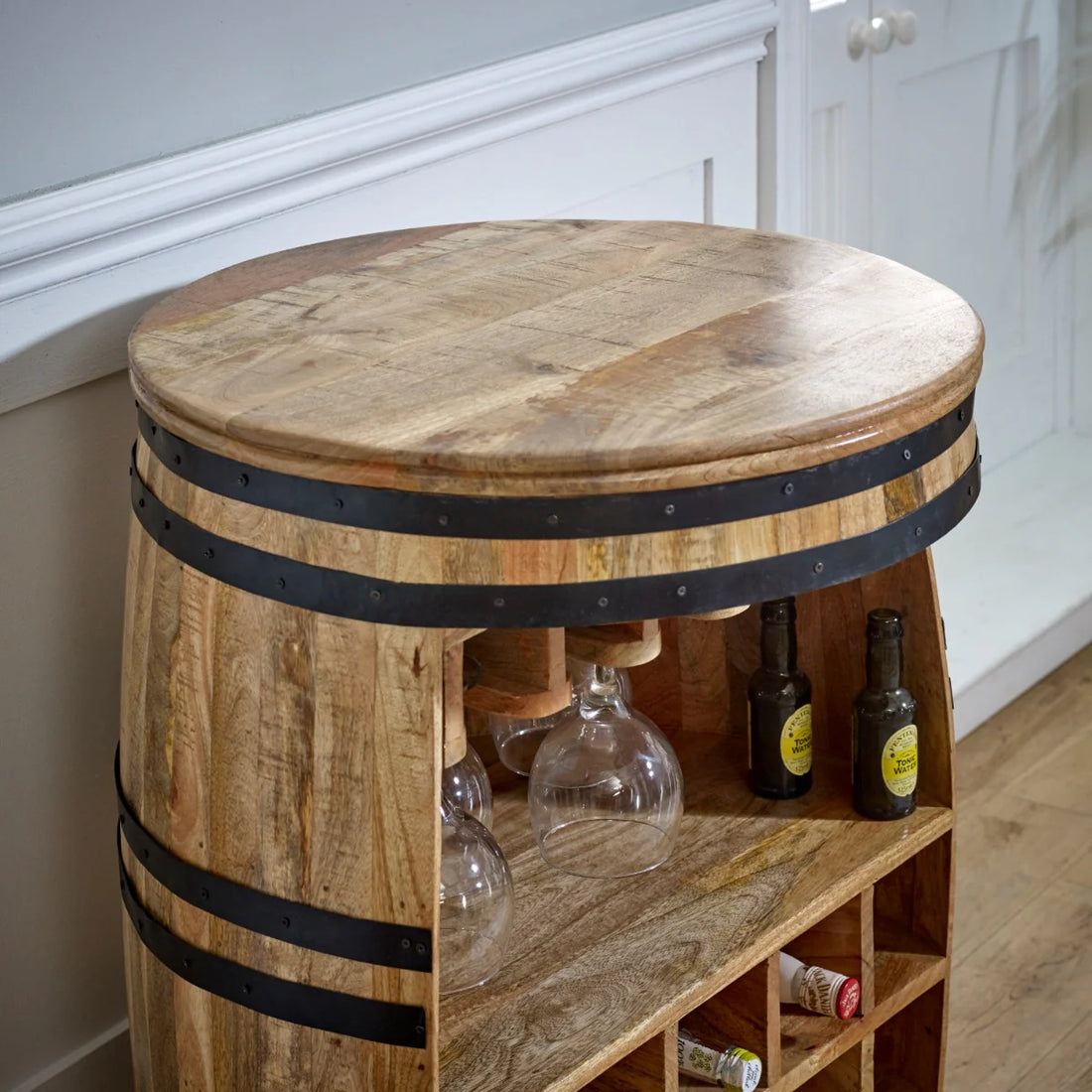 Surrey Solid Dark Wood Barrel Wine Sideboard – Rustic Storage Cabinet