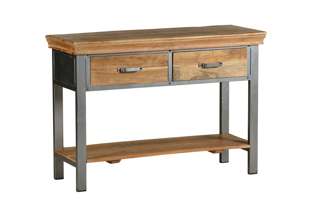 Metropolis Industrial 2 Drawer Console Table – Metal & Wood Hallway Table