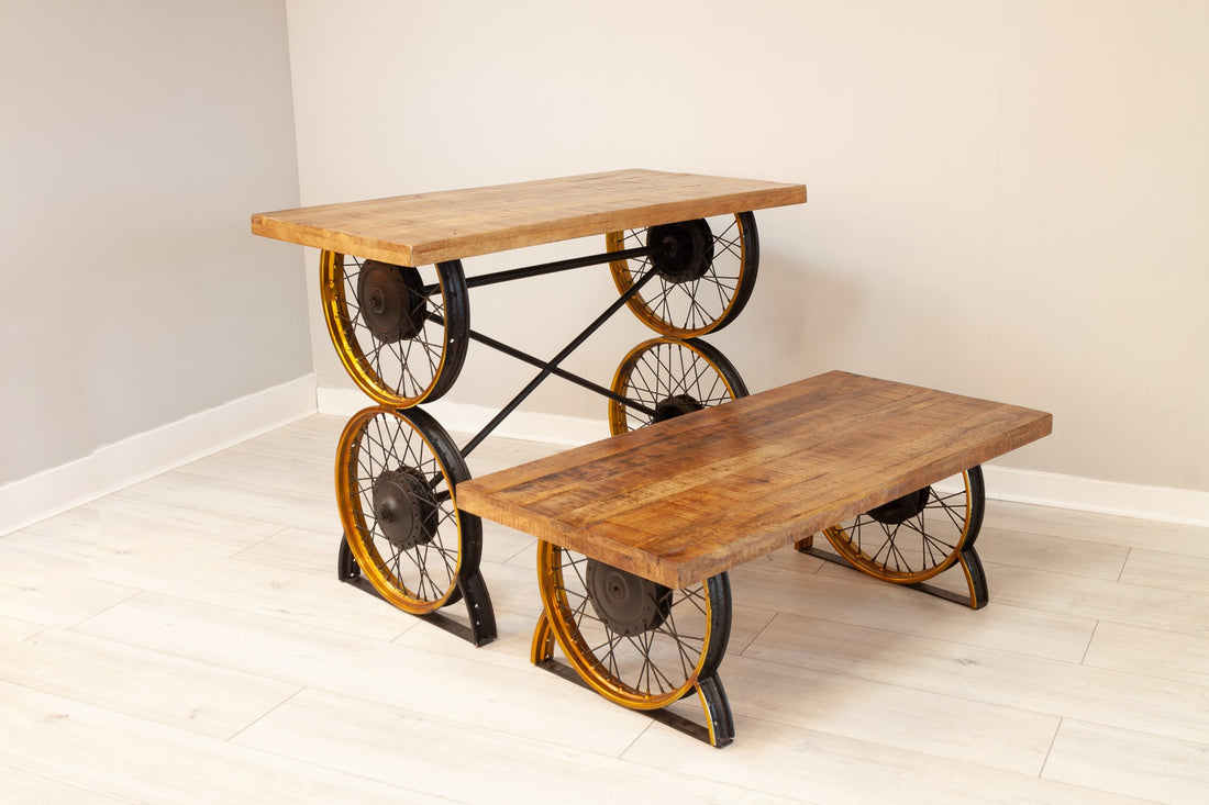Industrial Wheel Coffee Table – Wood & Metal Living Table