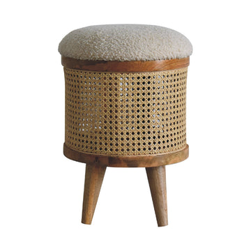 Cream Bouclé Larissa Footstool – Mango Wood & Rattan Contemporary Footstool