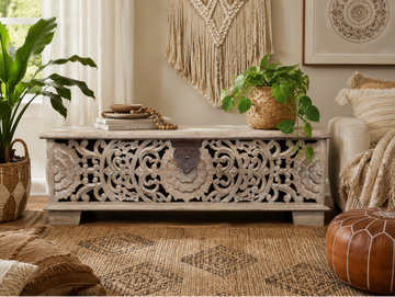 Carved Storage Bench – Mango Wood Storage Seating Bench