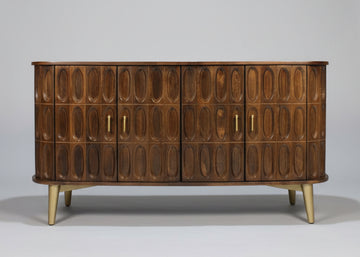 Mango Wood Sideboard – 4 Door Oval Carved Tile Storage Cabinet Jana
