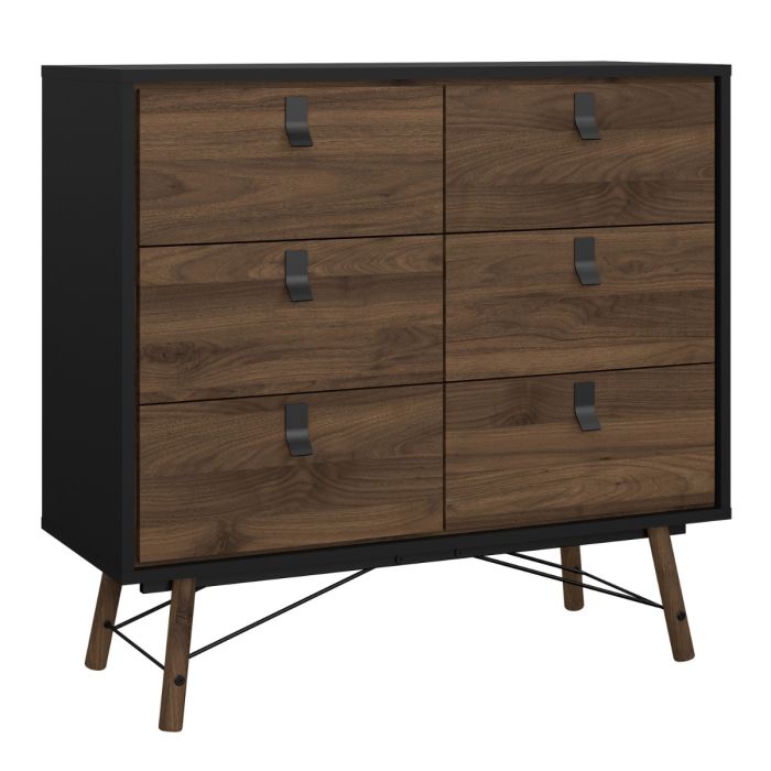 Ry 6 Drawer Double Chest in Matt Black & Walnut