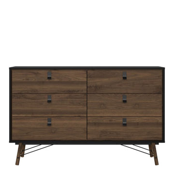 Ry Wide Double Chest of Drawers with 6 Drawers in Matt Black & Walnut