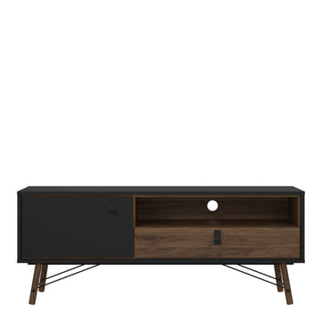 Ry TV Unit with 1 Door & 1 Drawer in Matt Black & Walnut