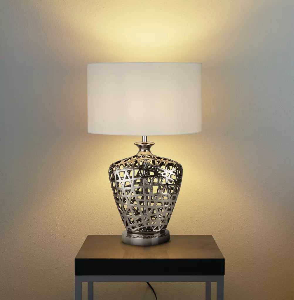 Network Lamp Network Table Lamp – Chrome Metal with Oval Fabric Shade
