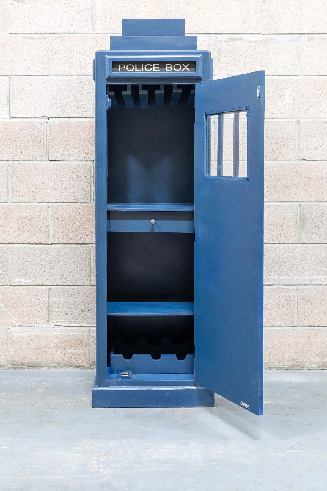Blue Police Booth Bar Cabinet – Wood Wine & Glass Storage