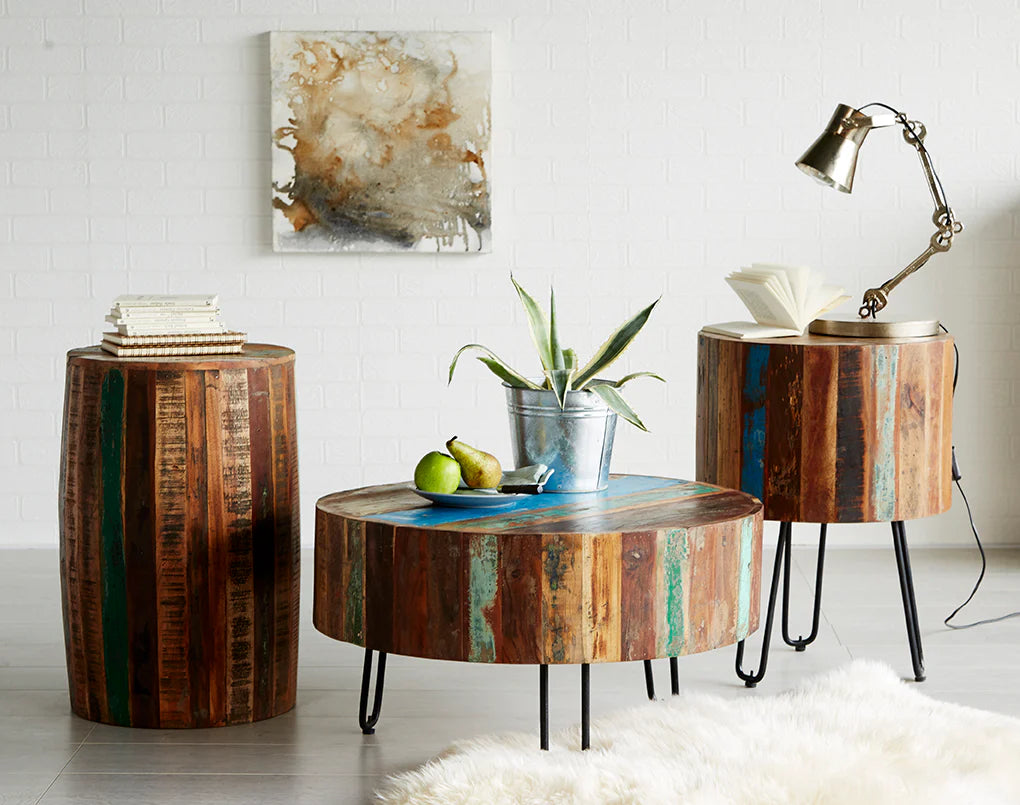 Coastal Drum Coffee Table – Solid Wood Round Table