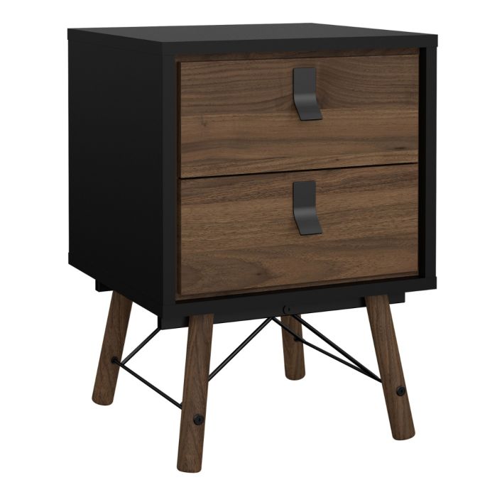 Ry 2 Drawer Bedside Cabinet in Matt Black & Walnut