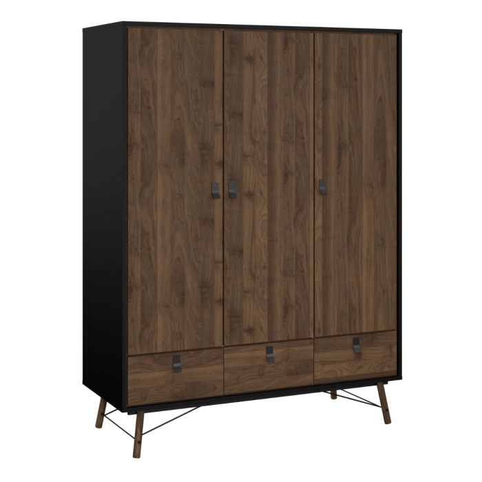 Ry 3 Door 3 Drawer Wardrobe in Matt Black & Walnut