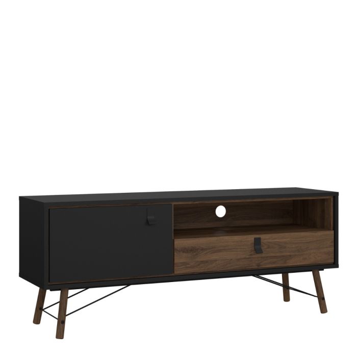 Ry TV Unit with 1 Door & 1 Drawer in Matt Black & Walnut