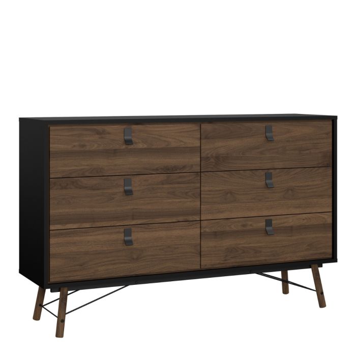 Ry Wide Double Chest of Drawers with 6 Drawers in Matt Black & Walnut