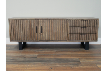 Slatted TV Low Sideboard Cabinet – Sustainable Rubber Wood Media Unit