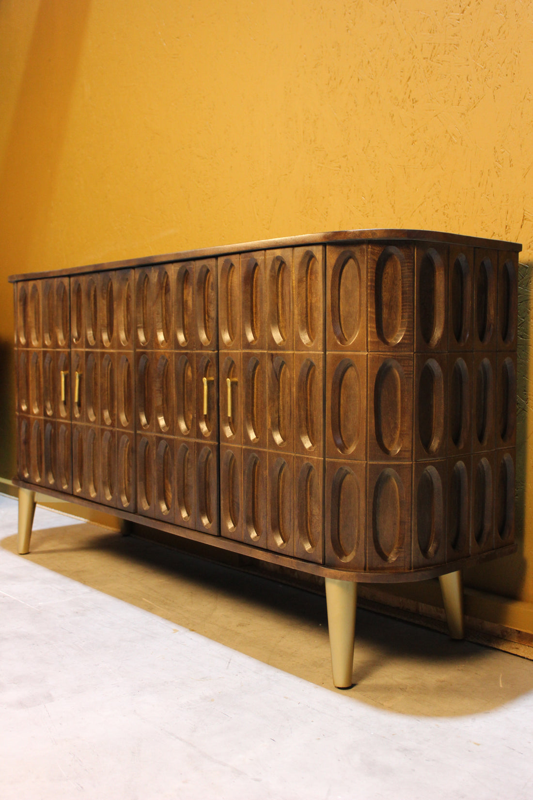 Mango Wood Sideboard – 4 Door Oval Carved Tile Storage Cabinet Jana