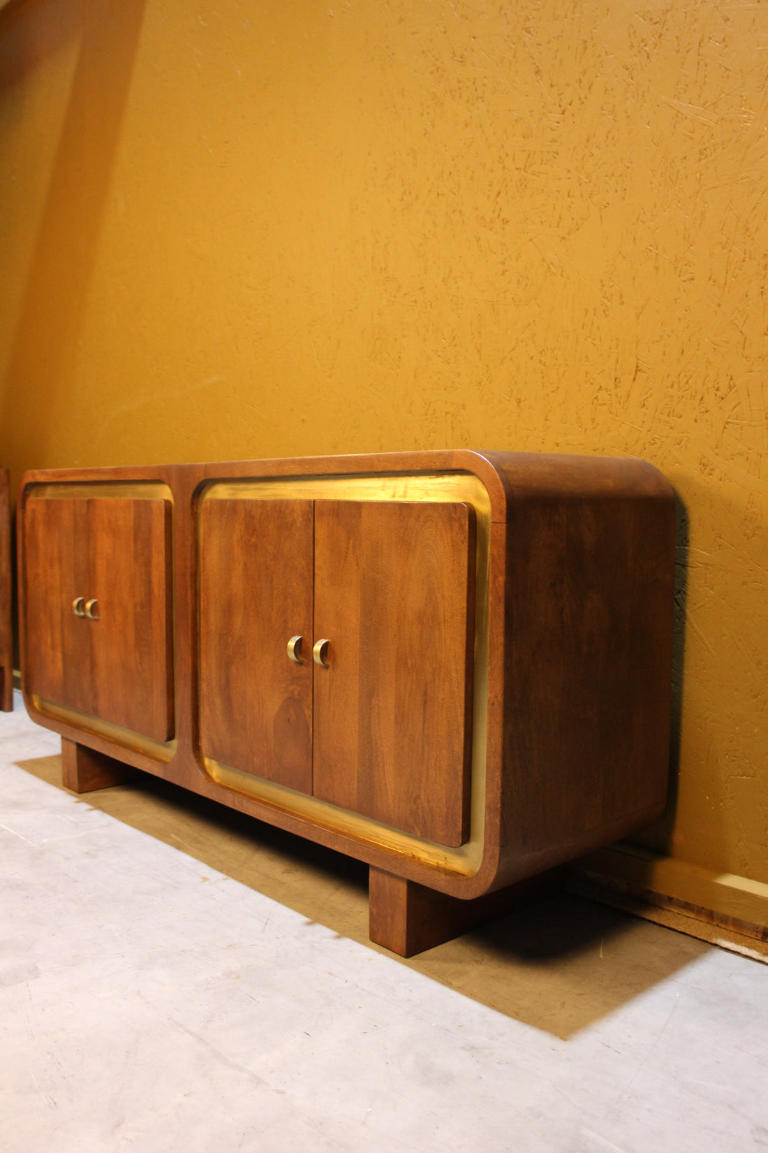 Mango Wood Sideboard – 4 Door Square Carved Storage Cabinet Samel