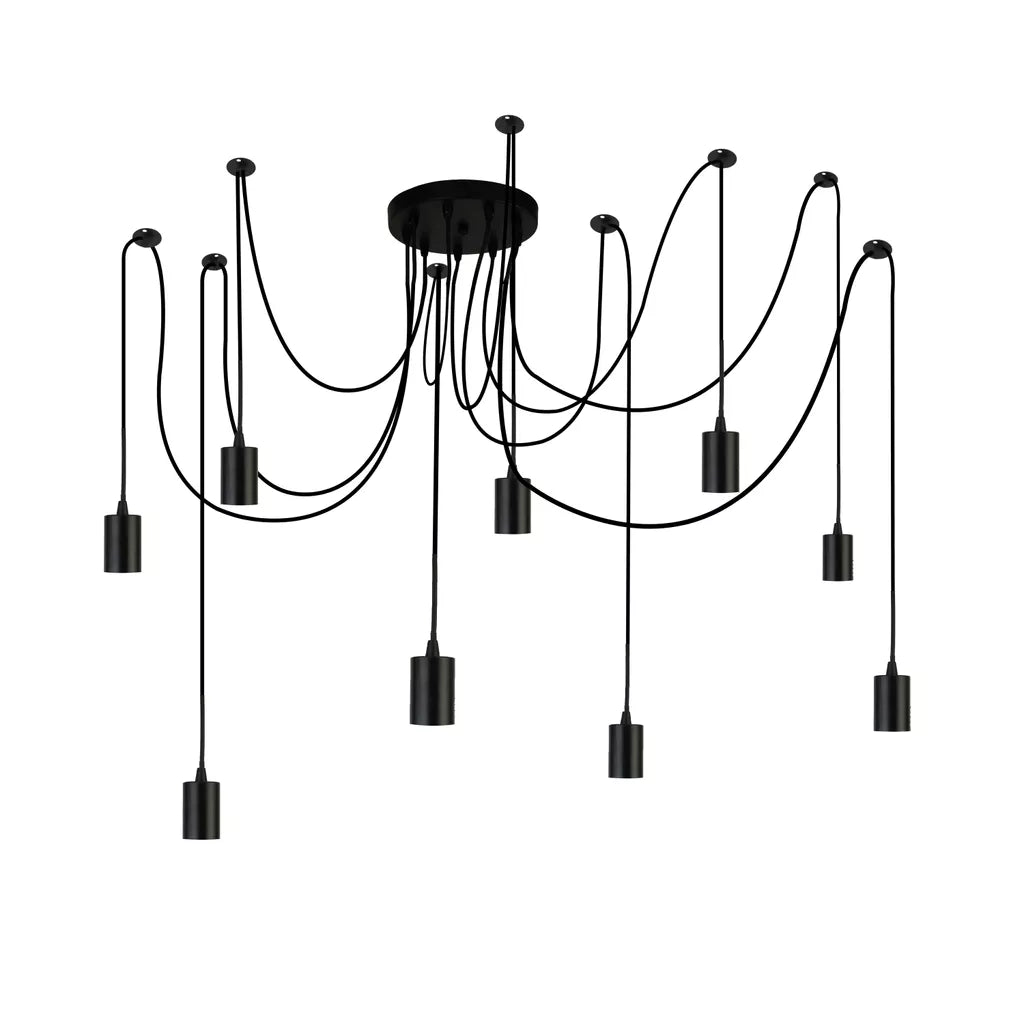 Squiggle 9 Light Pendant Ceiling Light – Black Metal with Curved Cable Design
