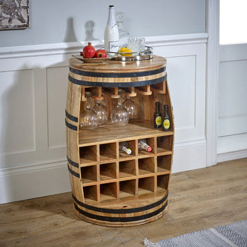 Surrey Solid Dark Wood Barrel Wine Sideboard – Rustic Storage Cabinet