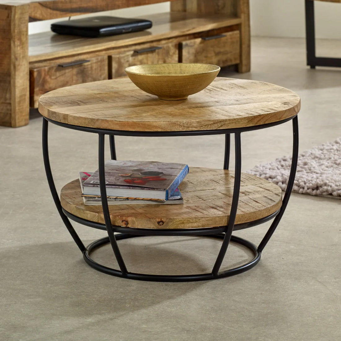 Surrey Solid Wood and Metal Coffee Table with Shelf – Rustic Industrial Living Room Table