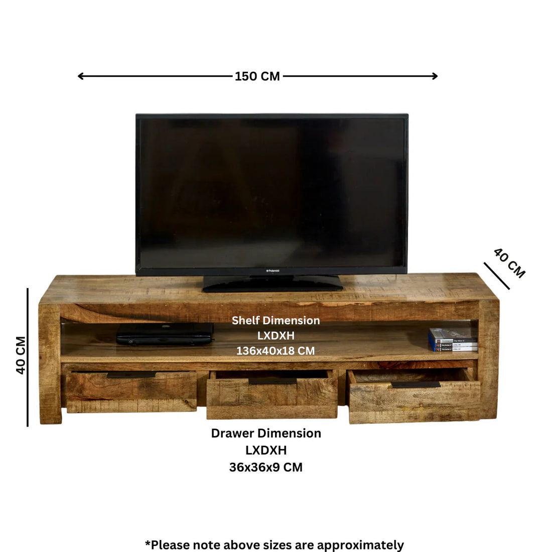 Surrey Solid Wood Large TV Cabinet – 3 Drawer Wooden Media Unit