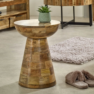 Surrey Solid Mango Wood Mushroom Style Round Side Table – Handmade Natural Wooden Accent Table