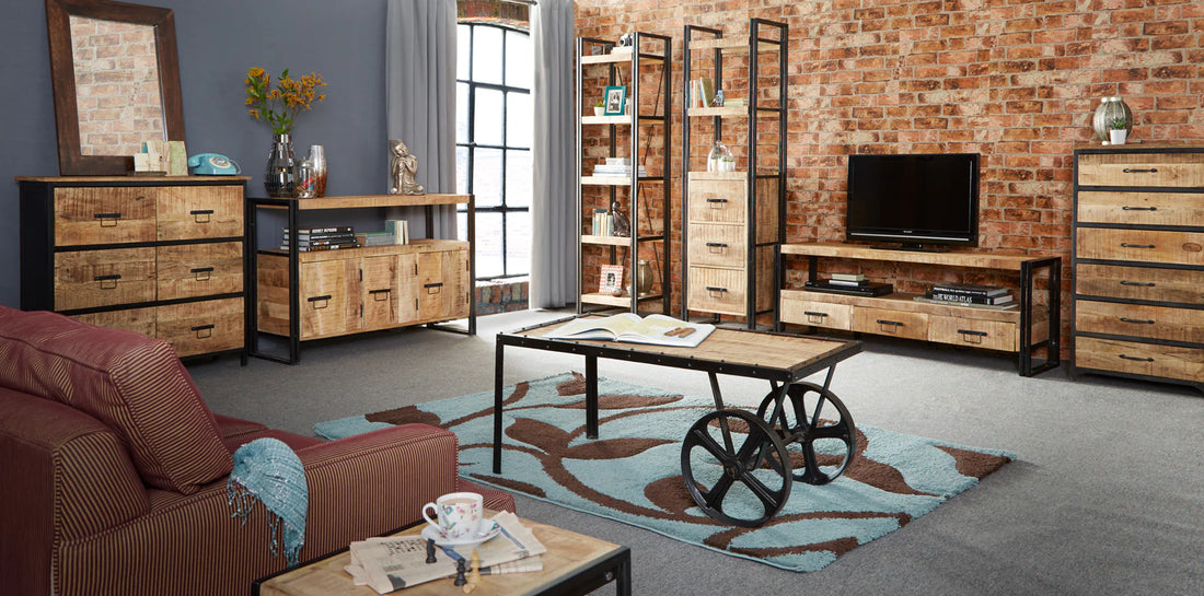 Cosmo Industrial Cart Coffee Table – Wood & Metal Wheeled Centre Table