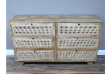 6 Drawer Rattan Cabinet – Natural Wood Multi-Drawer Storage Unit