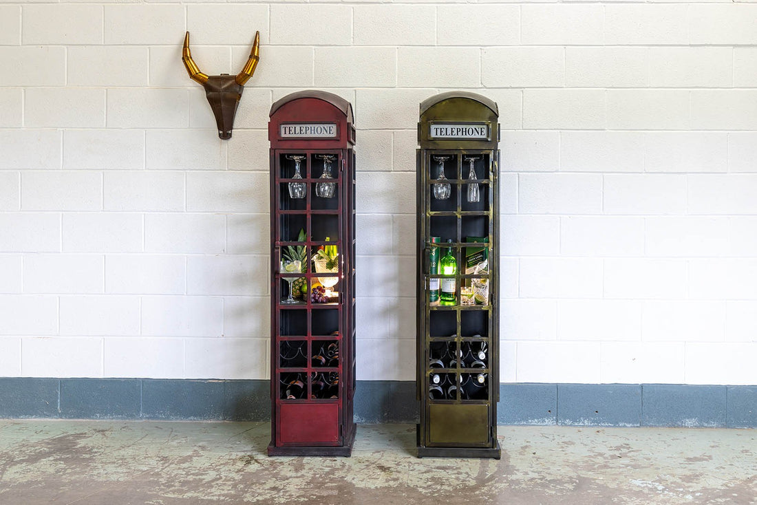 Antique Green Phone Box Bar Cabinet – Iron Wine & Glass Storage Short Description (